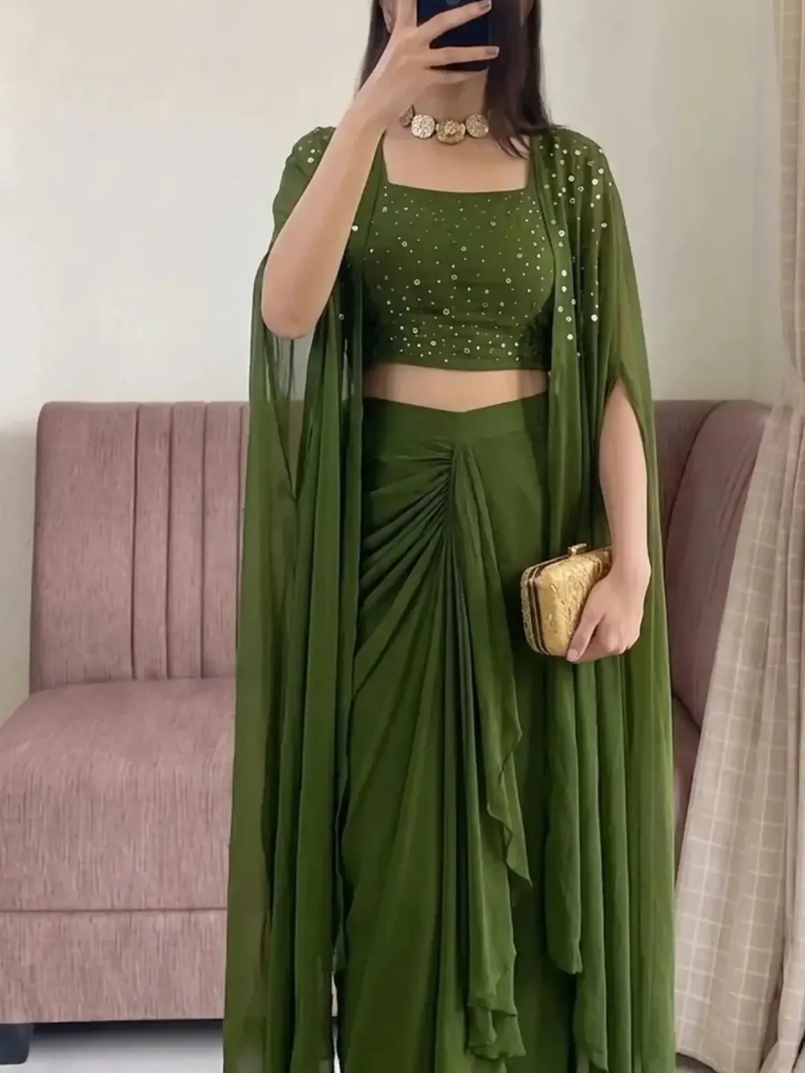 Olive Embellished Drape Skirt Outfit