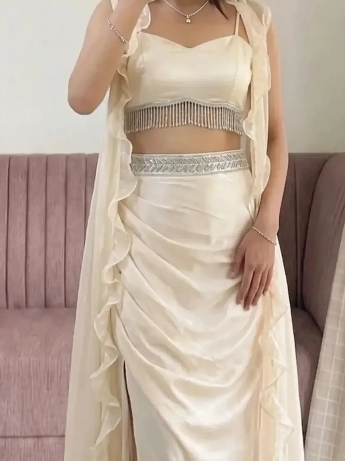 Ivory Fringe Blouse Drape Skirt Outfit