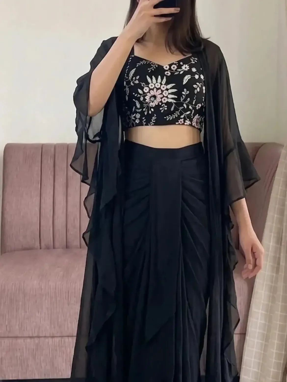 Black Floral Blouse Drape Skirt Outfit