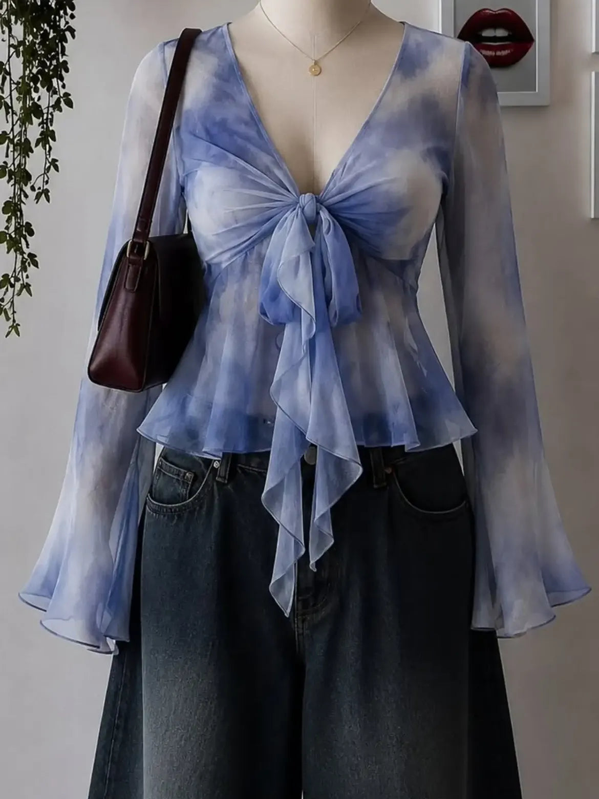 Yellow Floral Tie Front Ruffle Blouse