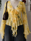 Yellow Floral Tie Front Ruffle Blouse