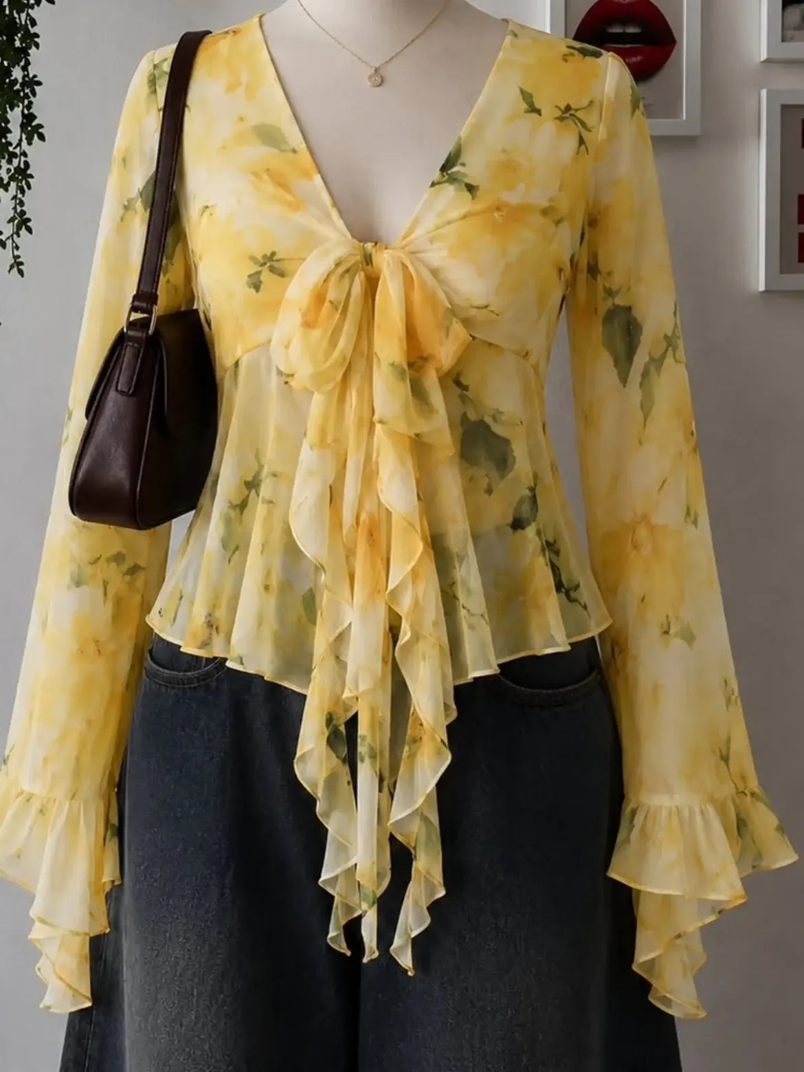 Yellow Floral Tie Front Ruffle Blouse