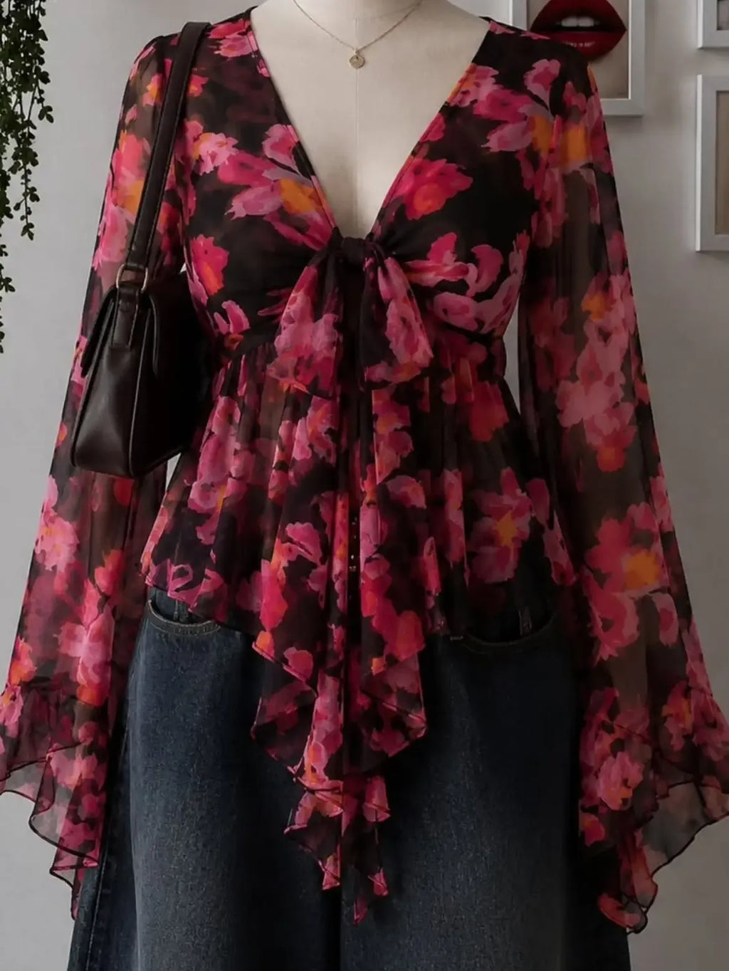 Yellow Floral Tie Front Ruffle Blouse