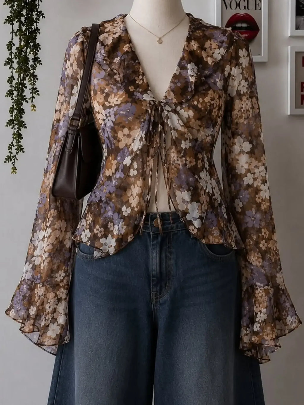 Yellow Floral Tie Front Ruffle Blouse