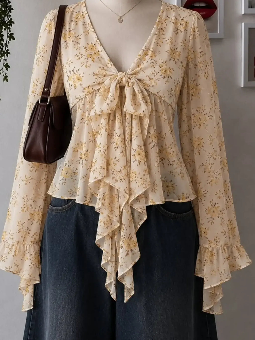 Yellow Floral Tie Front Ruffle Blouse
