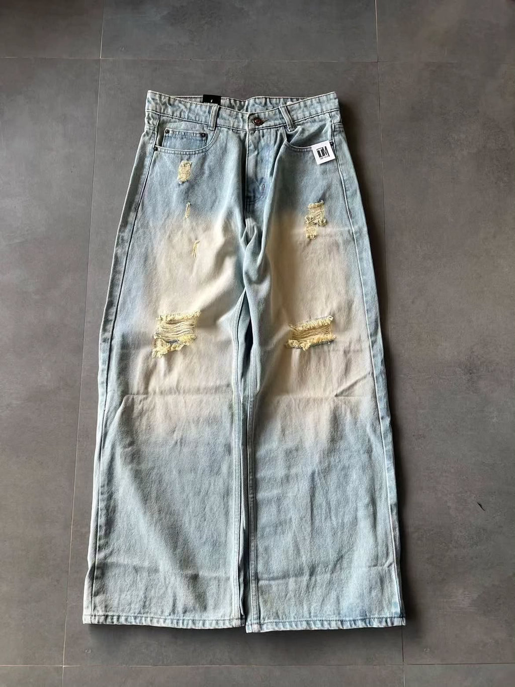 Grey Washed Distressed Wide Leg Jeans