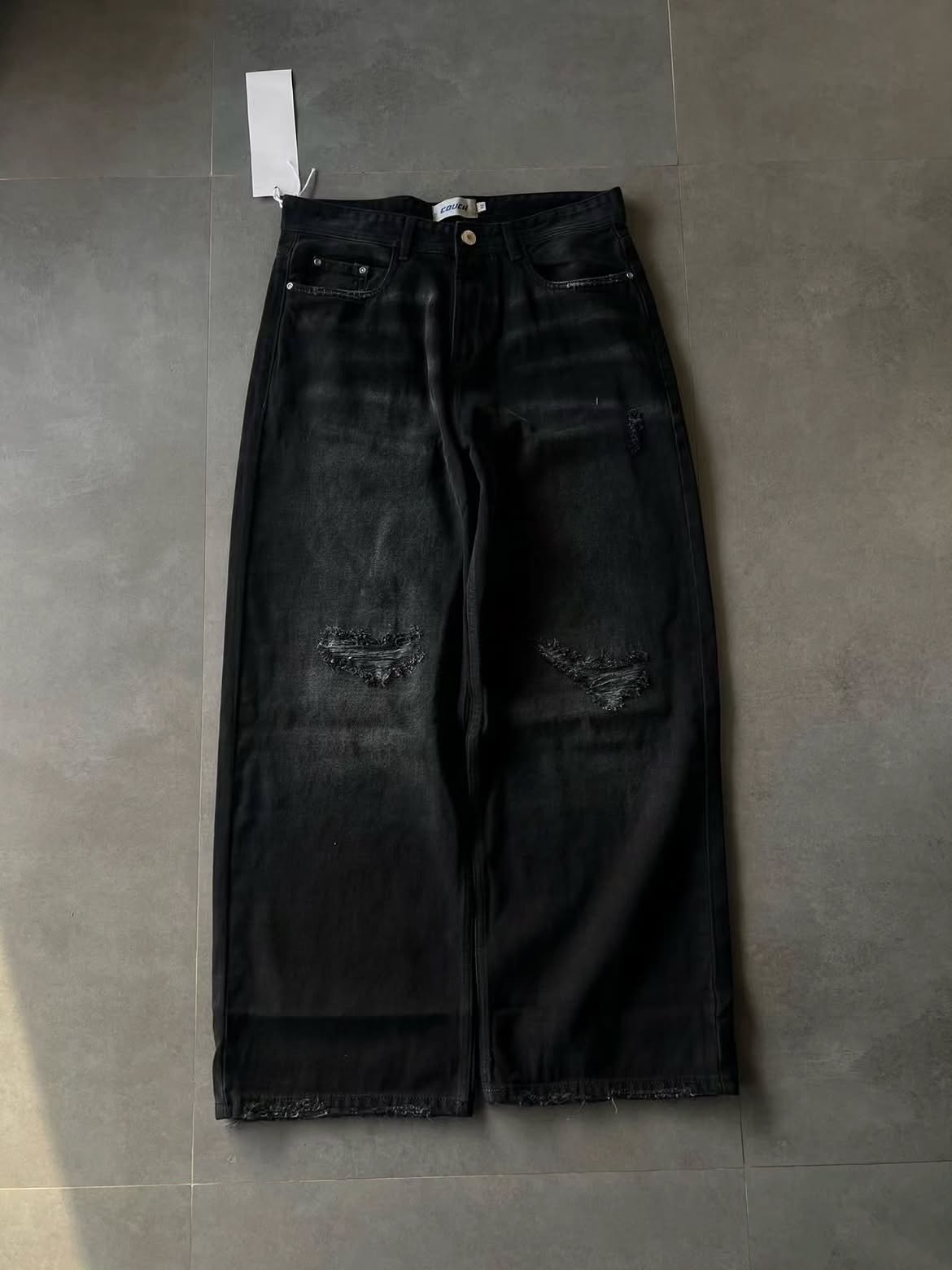 Grey Washed Distressed Wide Leg Jeans