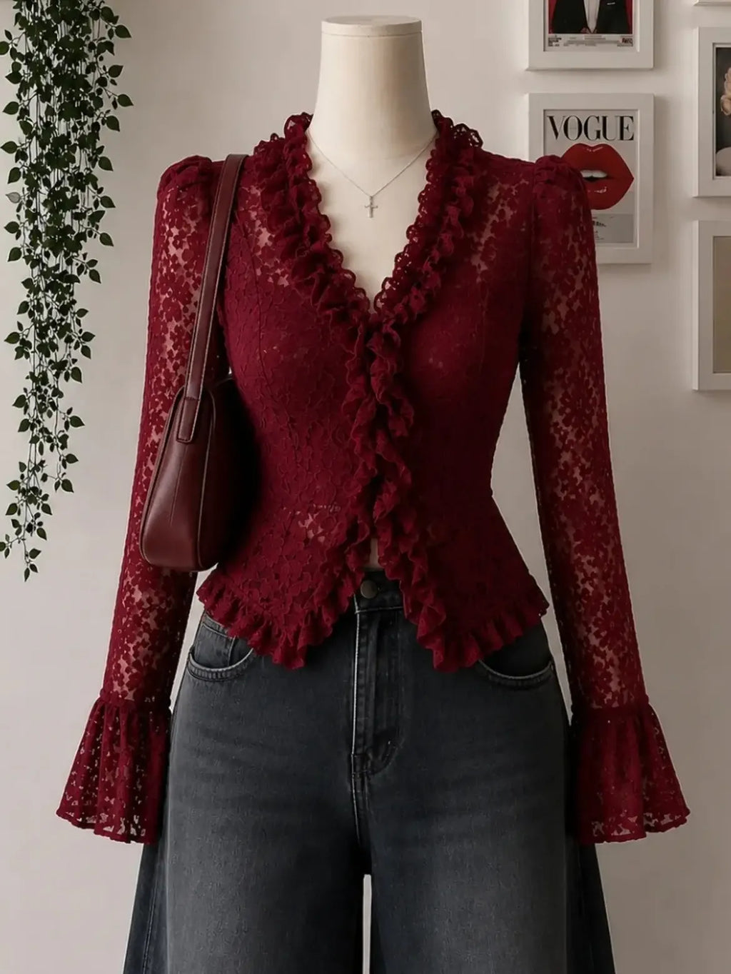 Women’s Wine Red Floral Lace Ruffle Long Sleeve Top