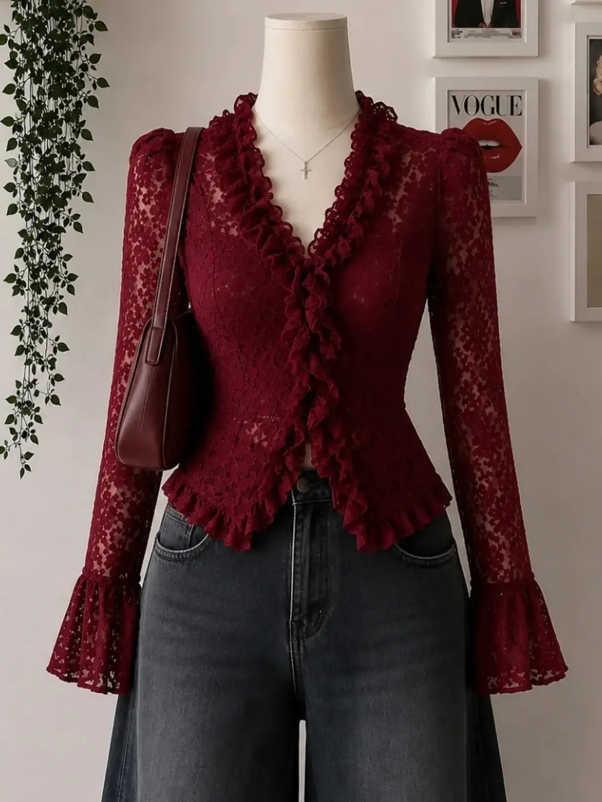 Women’s Wine Red Floral Lace Ruffle Long Sleeve Top