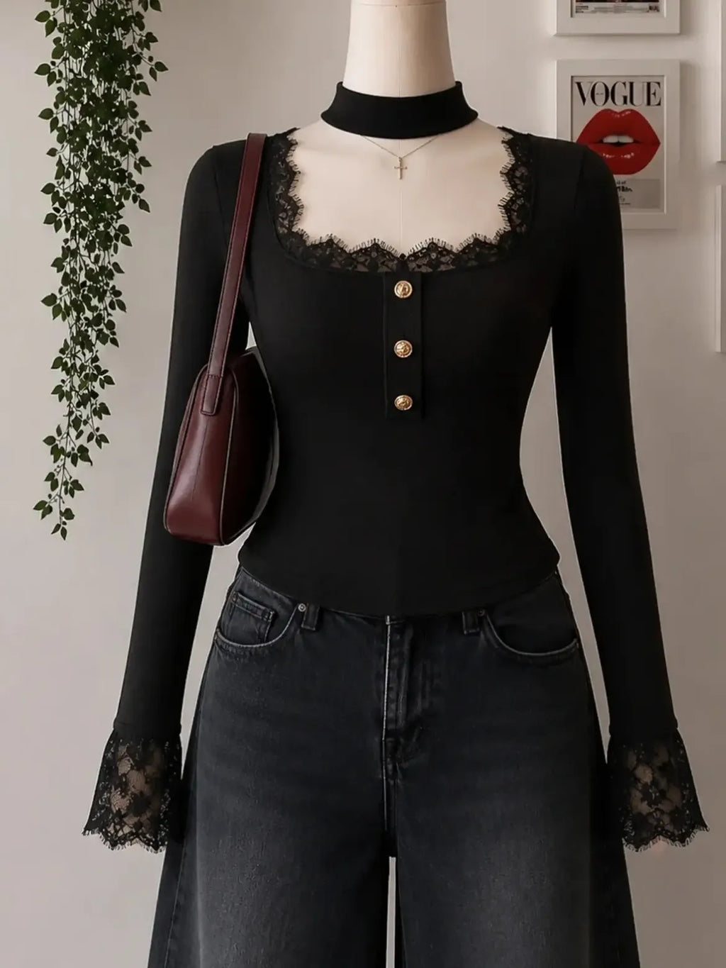 Women’s Black Lace Trim Choker Neck Long Sleeve Top