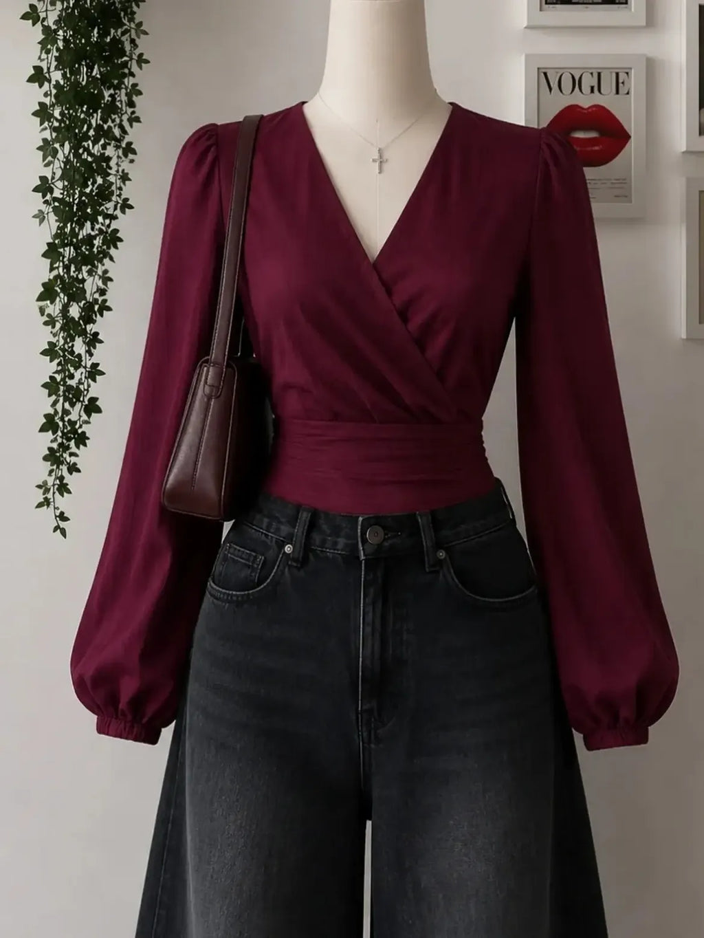 Women’s Burgundy Wrap V-Neck Puff Sleeve Top