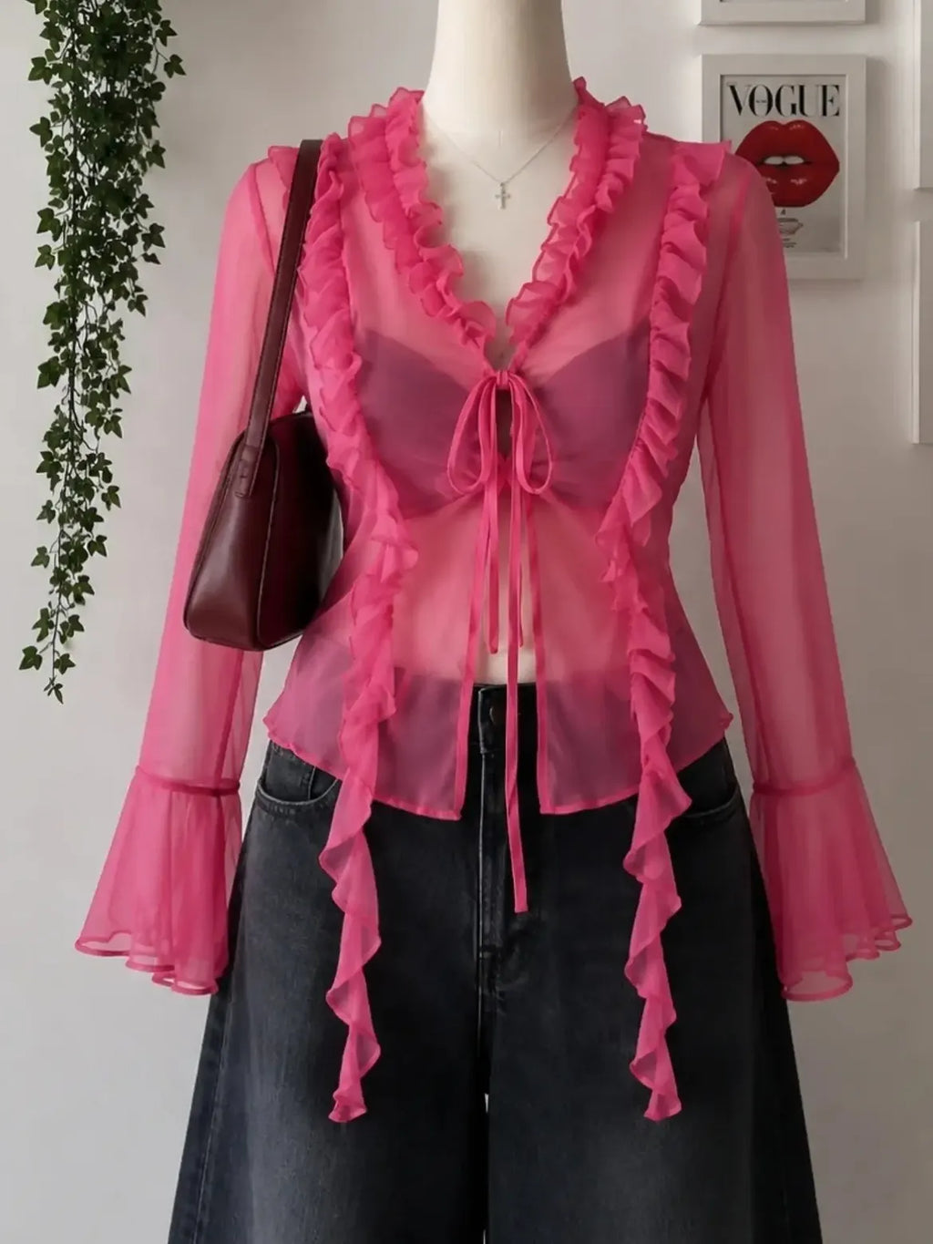 Women’s Pink Sheer Ruffle Tie-Front Bell Sleeve Top