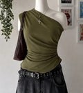Olive Green One Shoulder Ruched Top