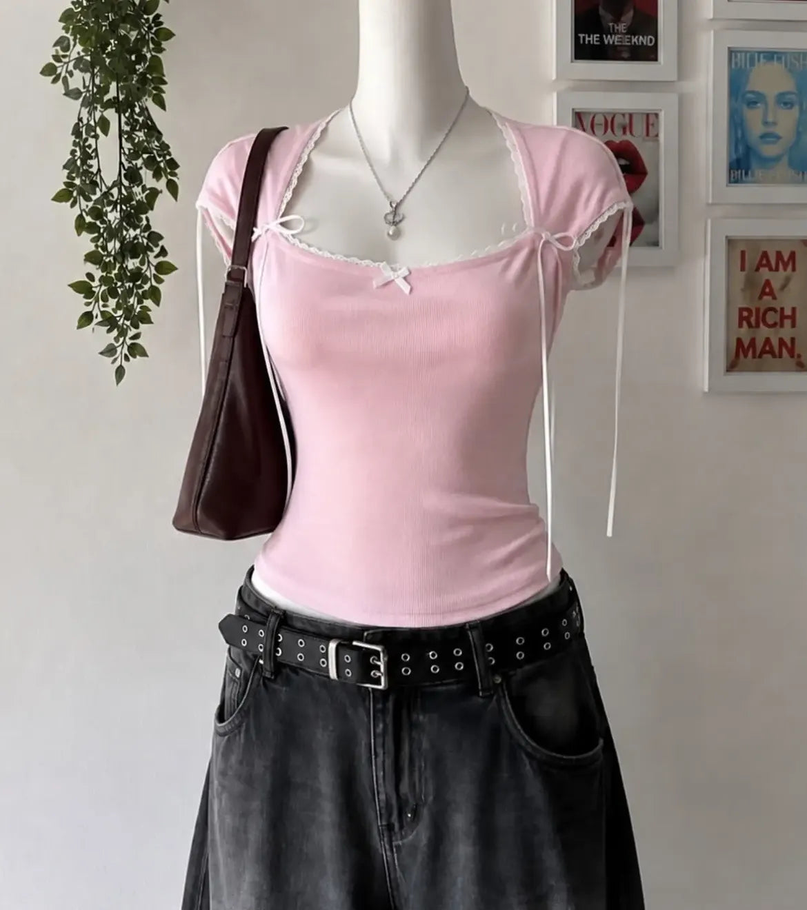 Pink Lace Trim Square Neck Top
