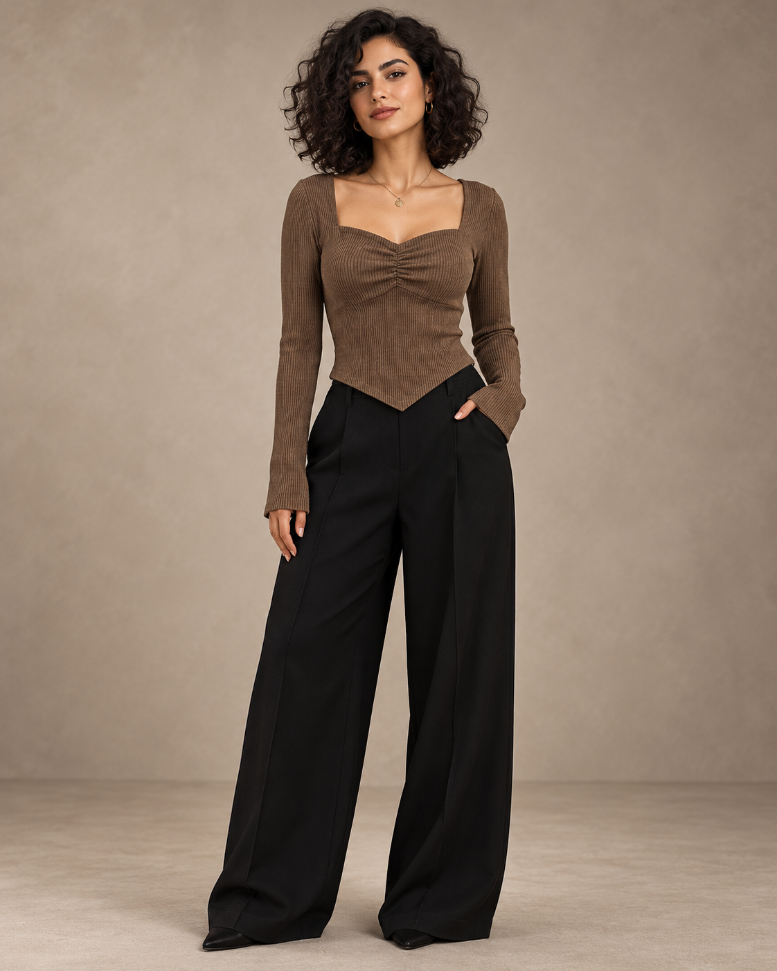 Women's Taupe Sweetheart Neck Long Sleeve Top on model