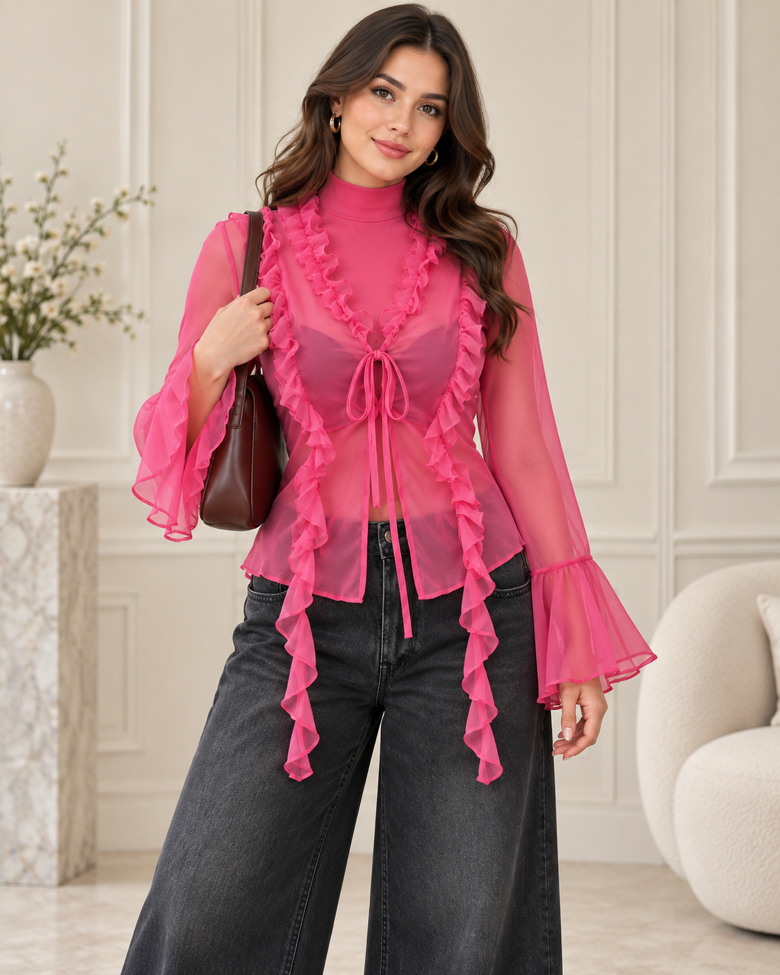 Women’s Pink Sheer Ruffle Tie-Front Bell Sleeve Top